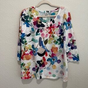 Et Lois XL White Watercolor Floral Print 3/4 Sleeve Top Made in USA Artsy Boho